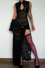 Floral Lace Cutout Sleeveless Ruched High Slit Maxi Dresses - Black