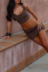 Shimmering Halter Crop Top Belted Mini Skirt 2pcs Set - Brown