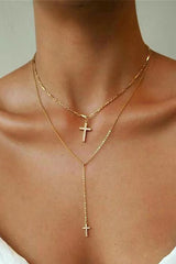 Rhinestone Cross Pendants Alloy Double - Layered Necklace - Gold