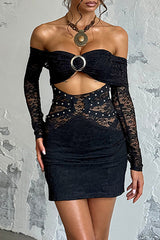 Off Shoulder Long Sleeve O - Ring Decor Cutout Bodycon Lace Mini Dresses - Black
