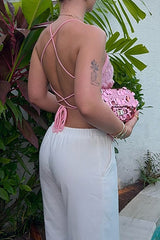 Sequin Floral Pattern V Neckline Halter Open Back Top - Pink