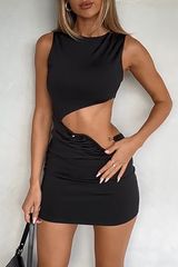Round Neck Sleeveless Cutout Bodycon Mini Dresses - Black