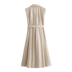 V-neck single breasted belt with pleated sleeveless shirt style dress
