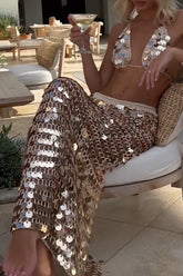 Sequin Decor Knit Halter Bra Fitted Maxi Skirt 2pcs Set - Champagne