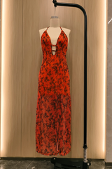 V Neck Floral Print High Slit Vacation Cami Maxi Dresses - Orange