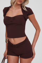 Cap Sleeve Crop Top Solid Color Slim Fit Shorts Set - Brown Pre Order