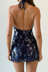 Deep V Neck Sequin Bodycon Halter Mini Dresses - Blue Pre Order