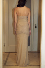 Shimmering Strapless Ruched See Through Maxi Dresses - Beige
