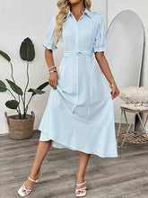 Shirt-style puff sleeve lapel striped dress