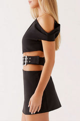 Asymmetrical Neckline Cutout Buckle Belted Mini Dresses - Black