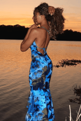 Deep V Neck Halter Ruched Tied Up Sash Asymmetric Ruffle Hem Pattern Print Maxi Dresses - Blue