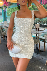 Square Neck Sequin Bodycon Party Slip Mini Dresses - White Pre Order