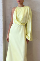 Satin One Shoulder Long Sleeve Slim Elegant Formal Party Midi Dresses