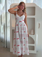 V-neck waist holiday backless bow print dress
