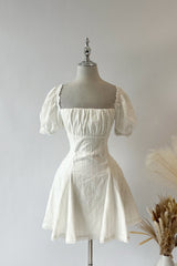 Square Neck Puff Sleeve Striped Godets Mini Dresses - White