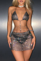 Rhinestone Halter Bra Chains Decor Fishnet Mini Skirt Party 2pcs Set - Black