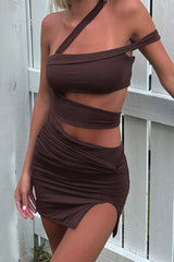 One Shoulder Cutout Ruched Slit Bodycon Asymmetrical Mini Dresses - Brown