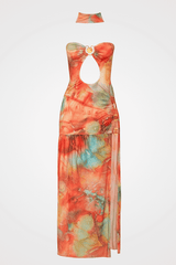 Mixed Print Strapless Cutout High Slit Maxi Dresses