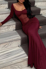 Sheer Mesh Patchwork Long Sleeve Ruched Slim Fit Backless Maxi Dresses - Burgundy