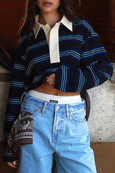 Striped Print Turndown Collar Long Sleeve Crop Polo Shirt - Blue