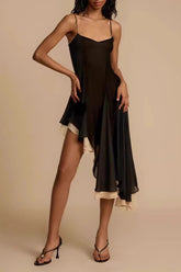Colorblock Lined Irregular Hem Strappy Midi Dresses - Black