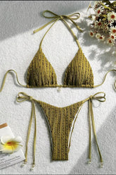 Wavy Textured Solid Color Halter Tie Up Bikini 2pcs Set - Green