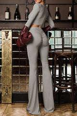 Long Sleeve Crop Top Flared Pants Solid Color 2pcs Set - Grey