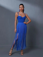 Fringed Long Bandage Dress Women Evening Party Dress n Elegant Blue Sexy Birthday Club Outfits Summer
