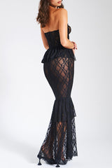 Lace See Through Strapless Formal Party Mermaid Maxi Dresses - Black