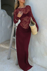 Floral Lace Patchwork Long Sleeve Ruched Slim Fit Maxi Dresses - Brown