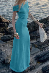 Knit Off Shoulder Draped Sleeve Solid Color Maxi Dresses - Blue