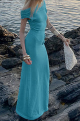 Knit Off Shoulder Draped Sleeve Solid Color Maxi Dresses - Blue