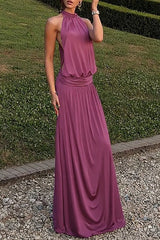 Solid Color Cinch Waist Halter Maxi Dresses - Purple