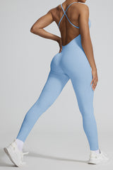 U Neckline Solid Color Slim Fit Open Back Sporty Cami Jumpsuit - Grey