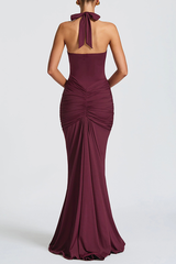 Deep V Neck Ruched Bodycon Solid Color Halter Maxi Dresses - Green