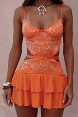 Jacquard Cutout Open Back Tiered Hem Slip Mini Dresses - Orange