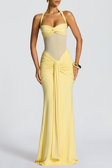 Halter Neck Mesh Patchwork Ruched Streamer Slim Fit Maxi Dresses - Yellow