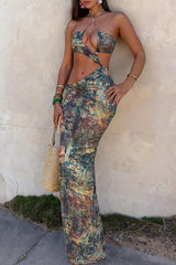 Mixed Print Cross Halter Neck Irregular Cutout Side Slit Vacation Maxi Dresses - Green