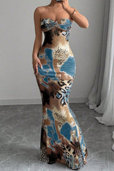 Leopard Mixed Print Strapless Bodycon Fishtail Hem Maxi Dresses - Blue