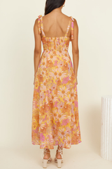 Floral Print Boat Neckline Tie Up Wide Strap A - Line Midi Dresses - Orange