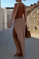 Draped Design Halter Backless Top High Slit Skirt Set - Beige Pre Order