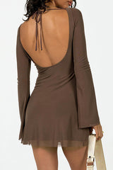 Solid Color Flare Sleeve Open Back Cinch Waist Mini Dresses - White