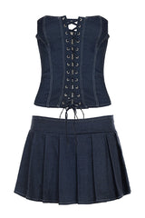 Imitated Denim Strapless Lace Up Slim Fit Top Pleated Mini Skirt 2pcs Set - Navy