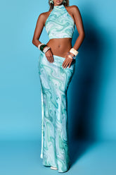Marble Print Halter Crop Top Fitted Maxi Skirt 2pcs Set - Blue Pre Order