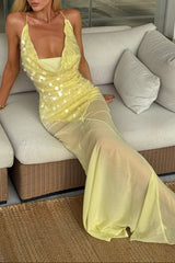 Cowl Neck Sequin Halter Semi Sheer Fishtail Maxi Dresses - Yellow Pre Order