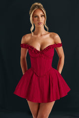 Frilled Trim Off Shoulder Corset Pleated A - Line Mini Dresses - Red