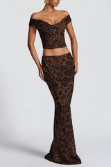 Leopard Print Off Shoulder Crop Top Slim Fit Maxi Skirt 2pcs Set - Brown