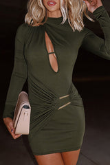 Long Sleeve Cutout Ruched Bodycon Solid Color Mini Dresses - Green