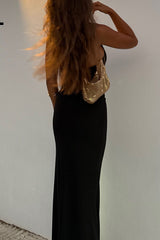V Neckline Cutout Lace Patchwork Bodycon Slip Maxi Dresses - Black Pre Order