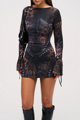 Leopard Print Flare Sleeve Studded Slim Fit Mini Dresses - Black